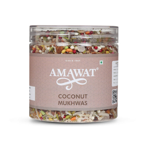 Amawat Coconut Mukhwas is a traditional Indian mouth freshener that is a mixture  of coconut flakes, sugar, fennel seeds, crushed cardamom, and dry dates.